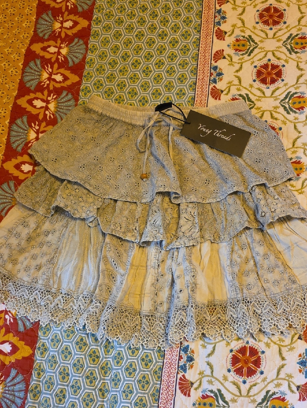 Young Threads Light Gray Tiered Lace Mini Skirt